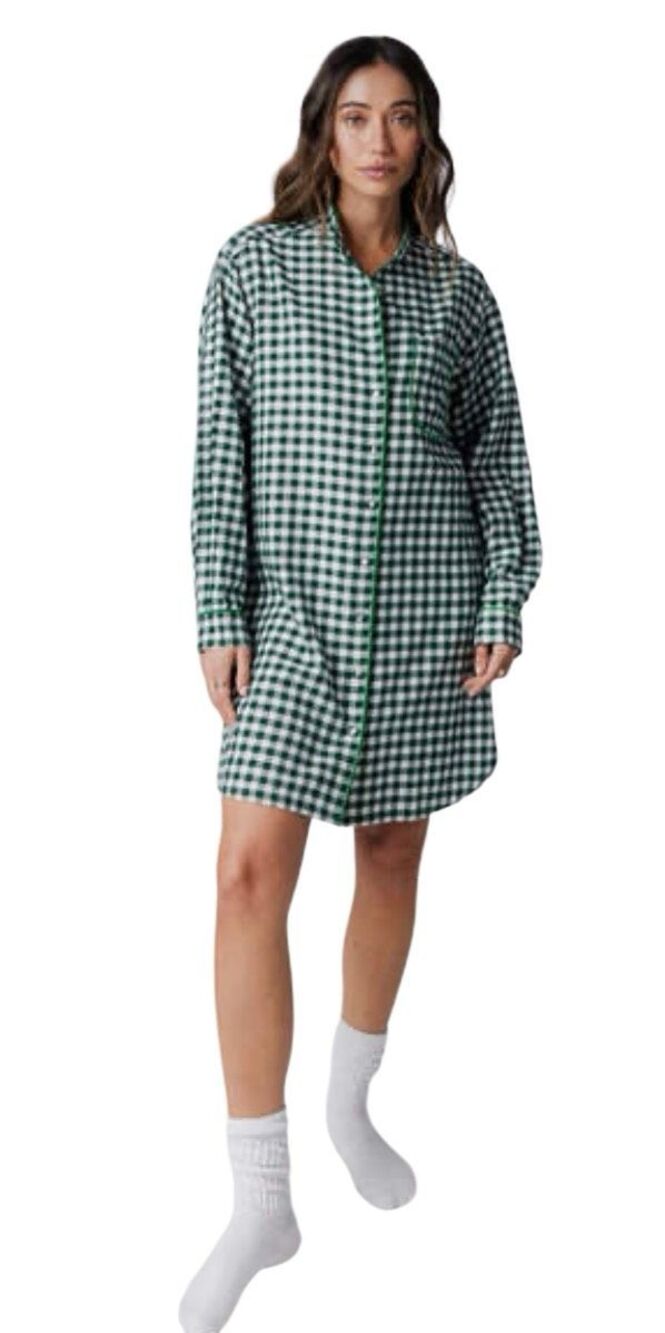 Lunya Brushed Flannel Shirt Dress Verdant Check size XS